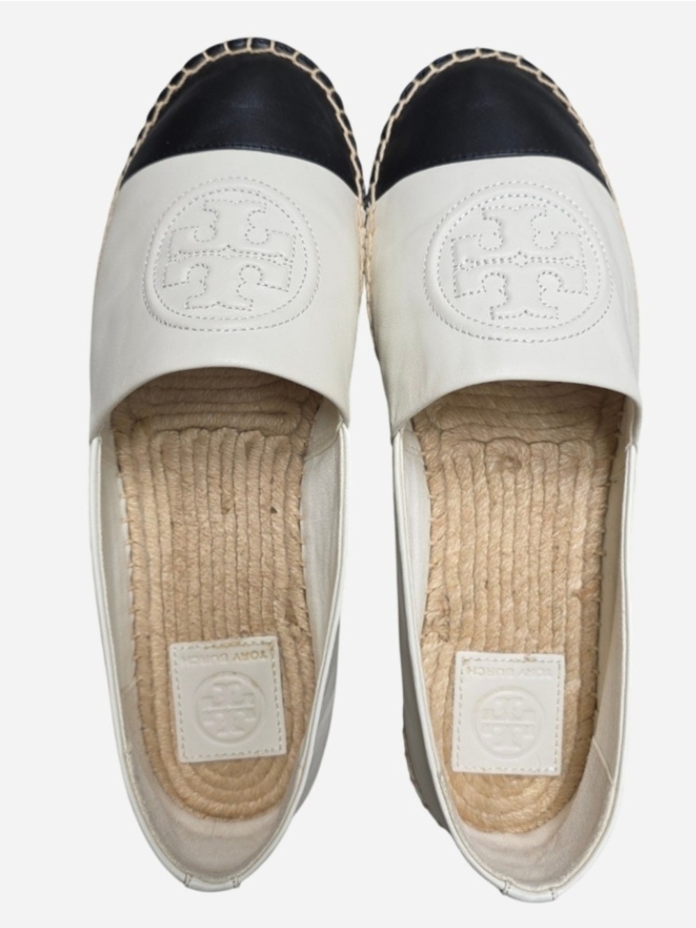 EUC Tory Burch Black & White Leather Espadrilles With Stitched T Logo, Size 9 - Picture 2 of 10